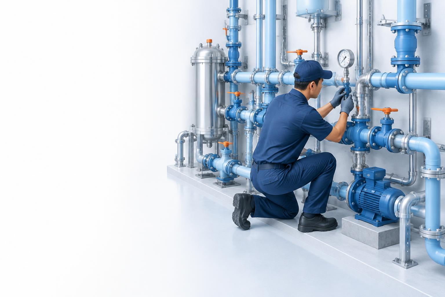Plumbing technician inspecting a water pipe installation — illustrative image